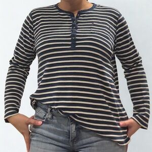 Chaps Navy & White Striped Long Sleeve Henley Top | Women’s Size L